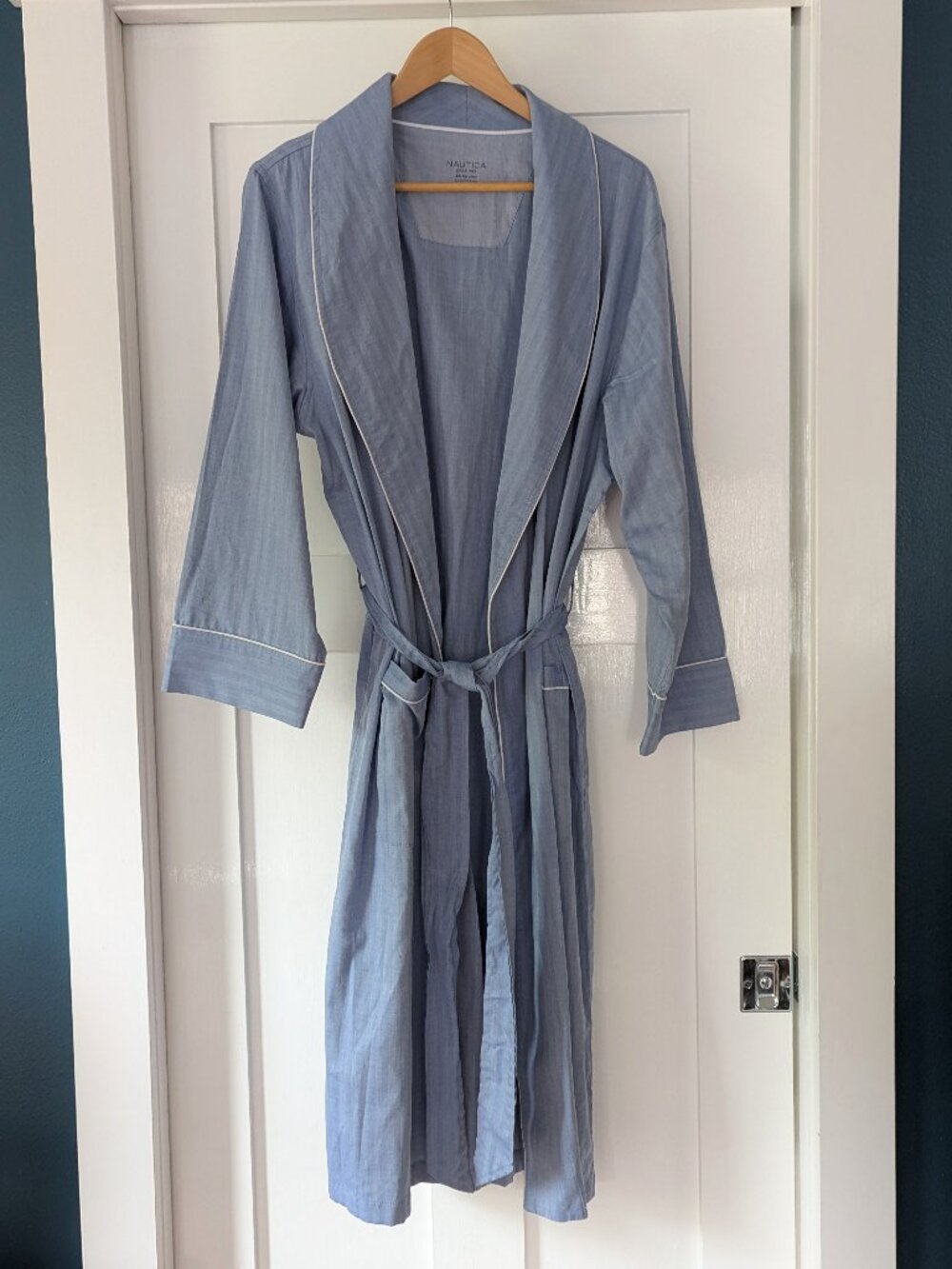 Nautica Men's Bath Robe 100% Cotton Blue Chambray Sz S/M - Picture 10 of 13